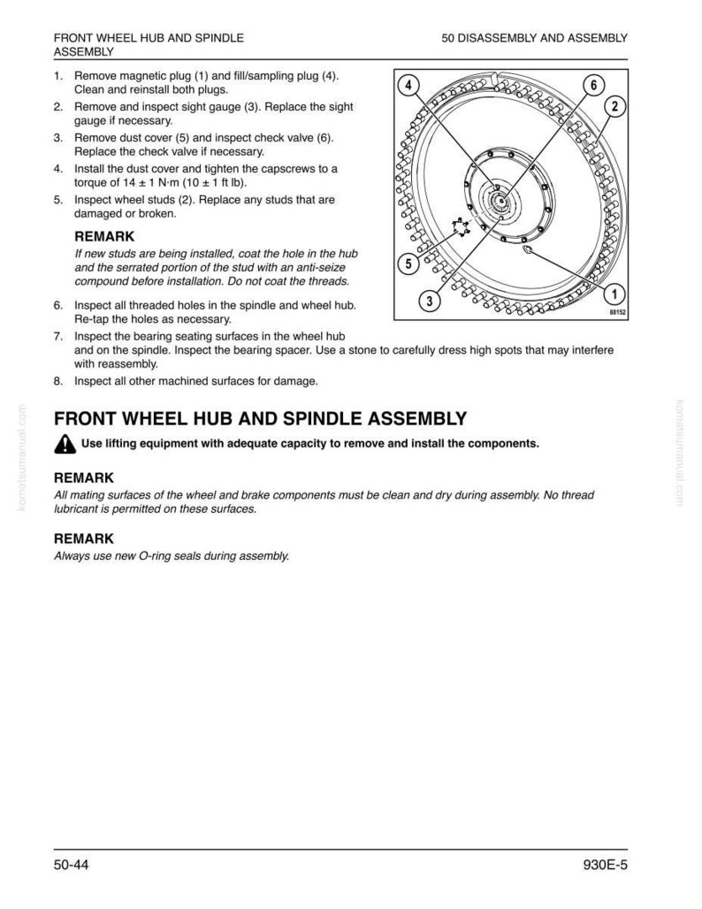 May include: Diagram of a front wheel hub and spindle assembly with numbered components and instructions. Includes a circular diagram with labels and a list of steps for disassembly and assembly, with torque specifications.