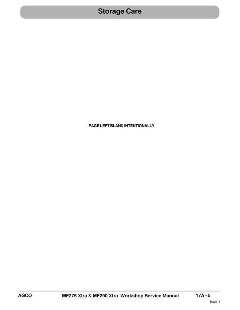 May include: A white page with the text "Storage Care" in a gray banner at the top. The text "PAGE LEFT BLANK INTENTIONALLY" is centered. The bottom of the page includes the text "MF275 Xtra & MF290 Xtra Workshop Service Manual".