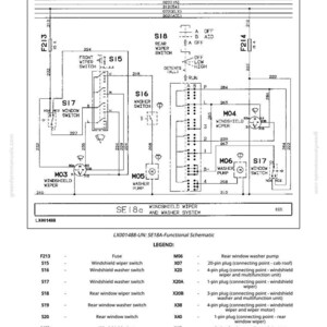 May include: Schematic diagram of a windshield wiper and washer system, labeled SE18A. The diagram includes various switches, fuses, and connection points, with a legend detailing each component. The diagram is black and white.