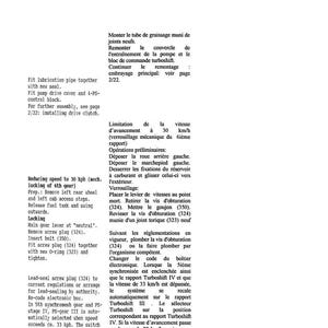 May include: A manual page with English and French text, providing instructions on mechanical procedures. It includes steps for gear assembly, speed reduction, and locking mechanisms, with speeds measured in km/h.