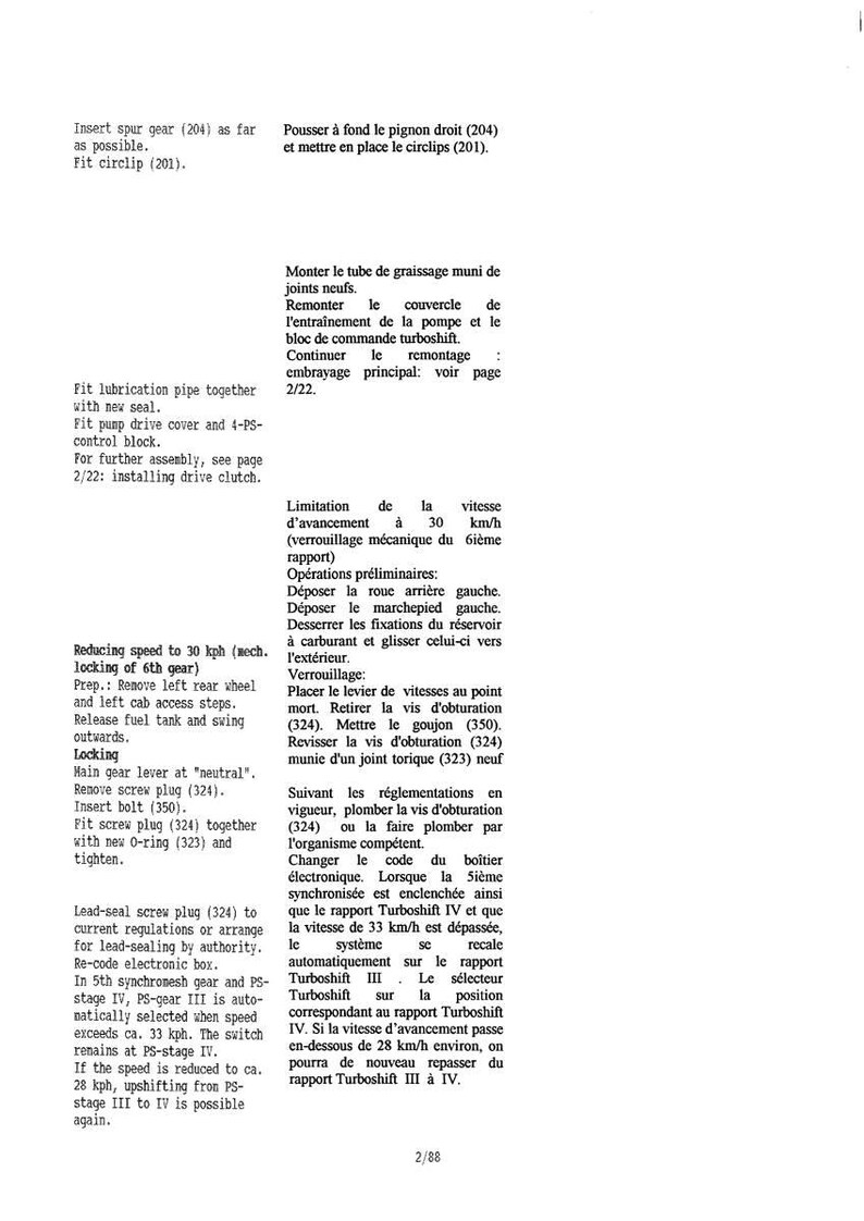 May include: A manual page with English and French text, providing instructions on mechanical procedures. It includes steps for gear assembly, speed reduction, and locking mechanisms, with speeds measured in km/h.