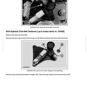 May include: Diagram of a hydraulic drive belt tensioner, with labels A, B, and C, and the text "Repairing Drive Belt Tensioning Device." The image includes close-ups of the cap screw, plastic stopper, and snap ring.