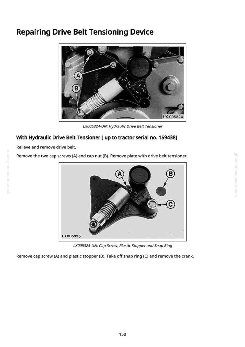 May include: Diagram of a hydraulic drive belt tensioner, with labels A, B, and C, and the text "Repairing Drive Belt Tensioning Device." The image includes close-ups of the cap screw, plastic stopper, and snap ring.