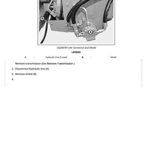May include: Diagram illustrating the process to remove and install a filter screen. The image shows a close-up of machinery components, including hydraulic lines and a shield, with labels A and B. Text instructions are provided.