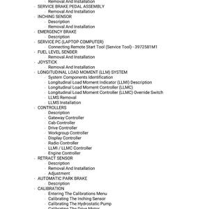 May include: A detailed list of automotive components and procedures, including "ROOF WIPER MOTOR," "SERVICE BRAKE PEDAL ASSEMBLY," and "CALIBRATION" steps. The text is in a clear, readable font, suitable for technical documentation.