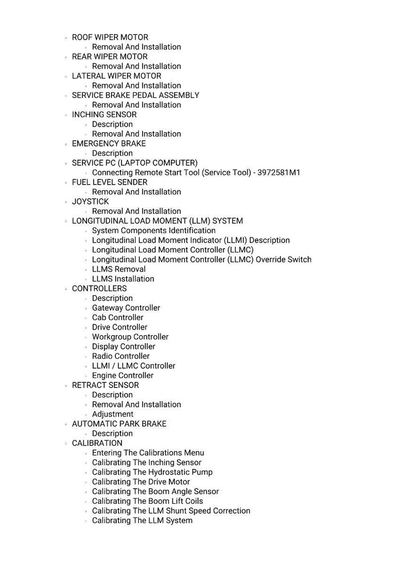 May include: A detailed list of automotive components and procedures, including "ROOF WIPER MOTOR," "SERVICE BRAKE PEDAL ASSEMBLY," and "CALIBRATION" steps. The text is in a clear, readable font, suitable for technical documentation.