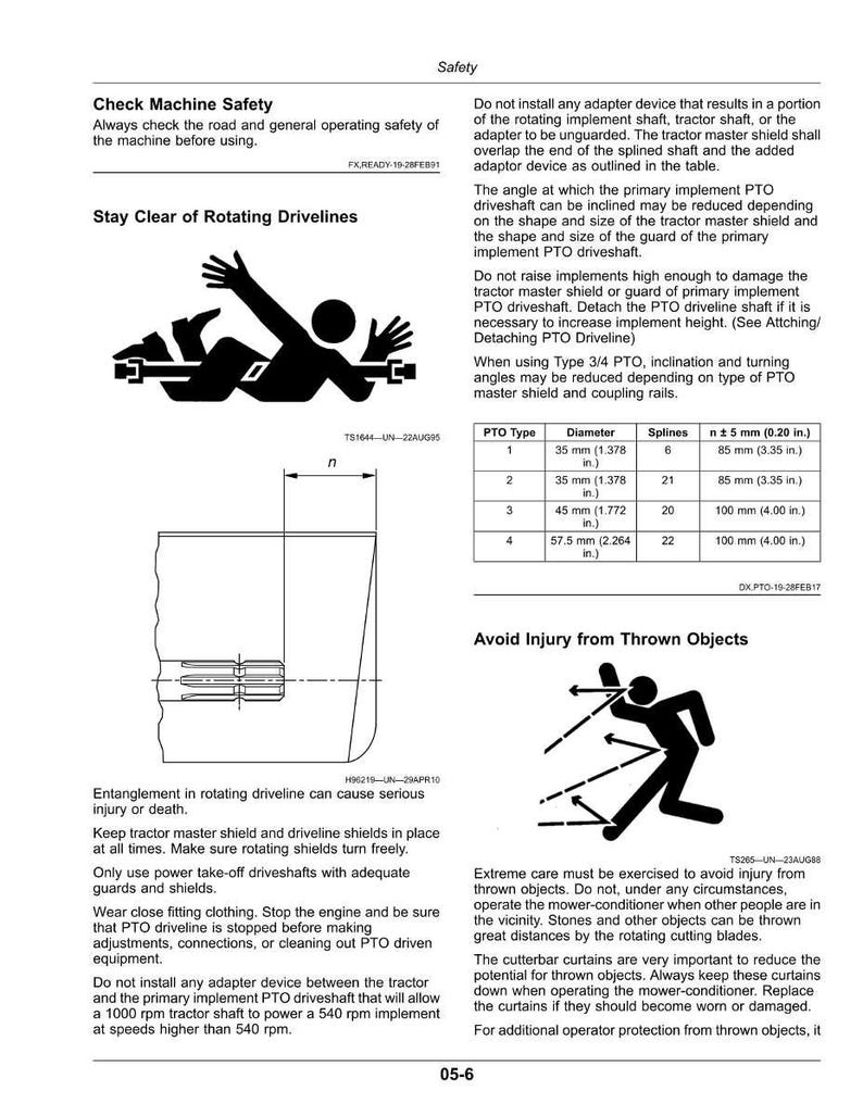 May include: Safety instructions diagram with warnings about rotating drivelines and thrown objects. Includes a table with PTO type, diameter in inches, splines, and measurements in inches. Black and white illustrations.