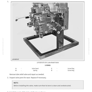 May include: Diagram of a DirectDrive Transmission PowrReverser Module, detailing the reconditioning of the Lube Relief Valve. Includes labeled parts A, B, C, and D, with text instructions and a legend. The image is a technical illustration.