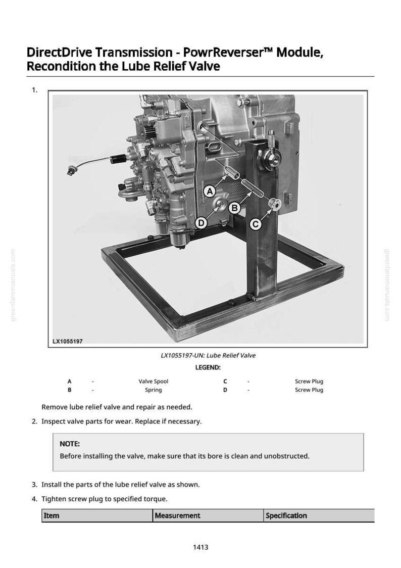 May include: Diagram of a DirectDrive Transmission PowrReverser Module, detailing the reconditioning of the Lube Relief Valve. Includes labeled parts A, B, C, and D, with text instructions and a legend. The image is a technical illustration.