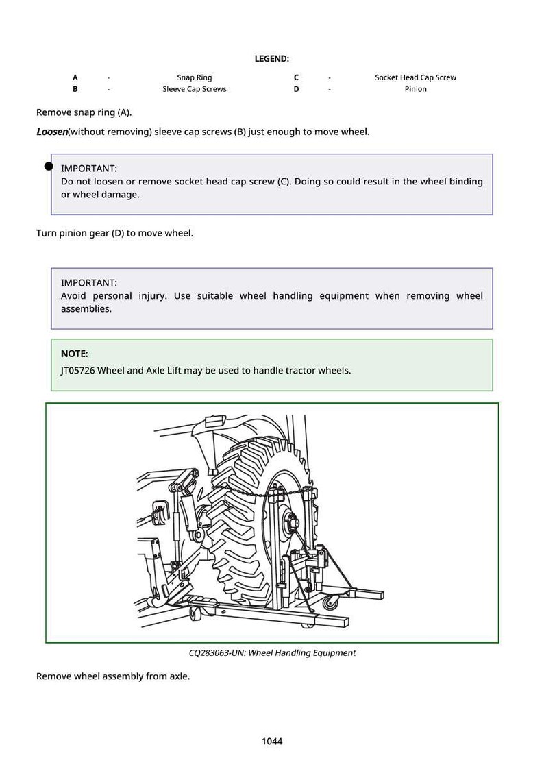 May include: Diagram of a tractor wheel removal process, with labels for snap ring, sleeve cap screws, and pinion. Instructions include loosening screws, turning the pinion gear, and using wheel handling equipment. Text includes "IMPORTANT" and "NOTE" sections.