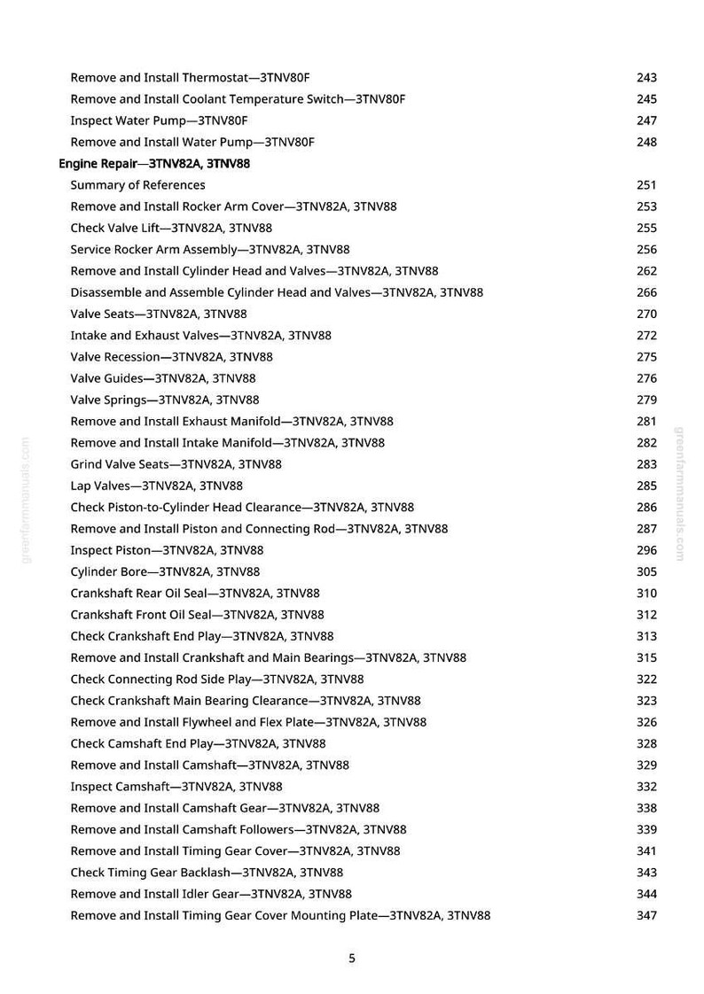 May include: A page from a manual with a list of engine repair procedures, including removing and installing various components like the thermostat, water pump, and valves. The text is black on a white background.