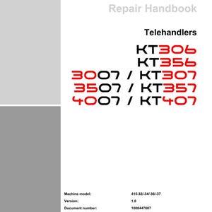 Pu&ograve; includere: Un documento bianco con il logo Kramer e il testo "Repair Handbook". Elenca i modelli di sollevatori telescopici KT306, KT356, 3007 / KT307, 3507 / KT357 e 4007 / KT407. Il documento include anche informazioni sul modello della macchina, la versione, il numero del documento e la lingua.