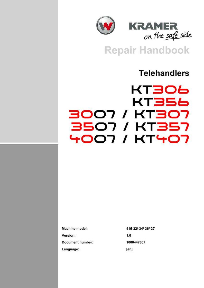 Pu&ograve; includere: Un documento bianco con il logo Kramer e il testo "Repair Handbook". Elenca i modelli di sollevatori telescopici KT306, KT356, 3007 / KT307, 3507 / KT357 e 4007 / KT407. Il documento include anche informazioni sul modello della macchina, la versione, il numero del documento e la lingua.