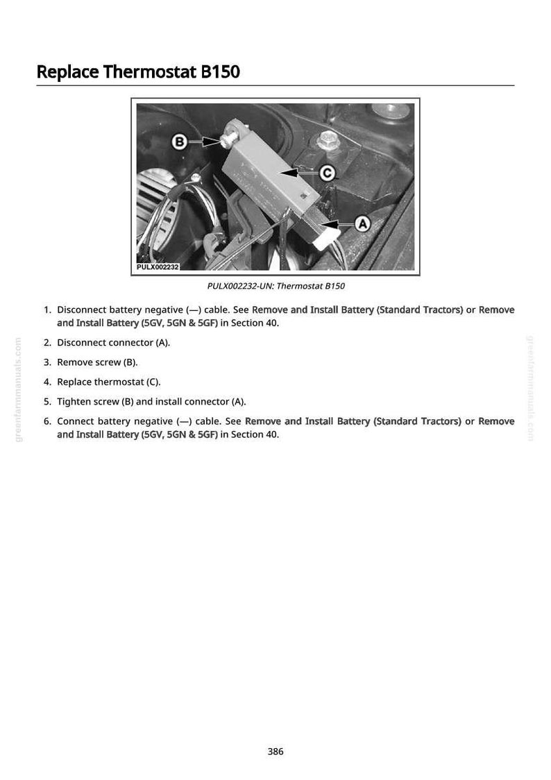 以下が含まれることがあります： B150とラベル付けされたサーモスタットの交換を示すマニュアルからの画像。画像は、サーモスタット、コネクタ、およびラベルA、B、Cのネジを強調表示しています。付随するテキストは、交換プロセスに関するステップバイステップの手順を提供します。