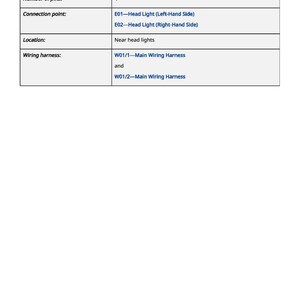 K&ouml;nnte beinhalten: Tabelle mit Informationen zu Autokomponenten. Sie listet die Anzahl der Pins (4), die Anschlusspunkte (E01, E02), den Standort (in der N&auml;he der Scheinwerfer) und die Details des Kabelbaums (W01/1, W01/2) auf.