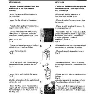 Op de afbeelding: Montage-instructies voor Komatsu Model JPB2200V. De pagina bevat diagrammen en tekst in het Engels, met details over het monteren en installeren van diverse onderdelen. Inclusief diagrammen A, B, C en D, met specifieke instructies.