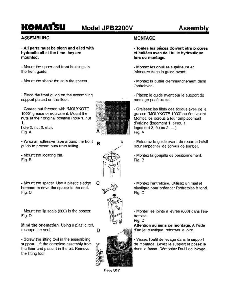 Op de afbeelding: Montage-instructies voor Komatsu Model JPB2200V. De pagina bevat diagrammen en tekst in het Engels, met details over het monteren en installeren van diverse onderdelen. Inclusief diagrammen A, B, C en D, met specifieke instructies.