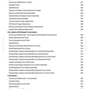 Puede incluir: Una p&aacute;gina de manual con una lista de procedimientos y n&uacute;meros de p&aacute;gina relacionados con los sistemas de embrague, transmisi&oacute;n e Hi-Lo. El texto incluye t&eacute;rminos como "Instalar la carcasa del embrague", "Quitar e instalar el conjunto del embrague".