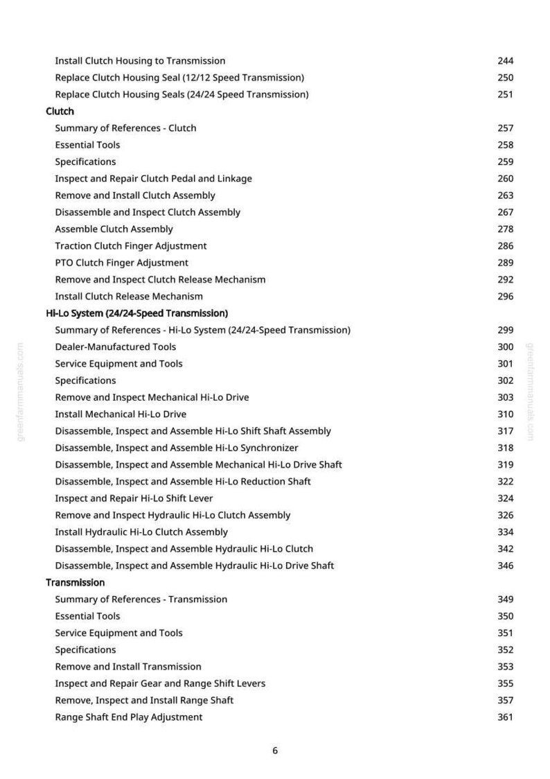 Puede incluir: Una p&aacute;gina de manual con una lista de procedimientos y n&uacute;meros de p&aacute;gina relacionados con los sistemas de embrague, transmisi&oacute;n e Hi-Lo. El texto incluye t&eacute;rminos como "Instalar la carcasa del embrague", "Quitar e instalar el conjunto del embrague".