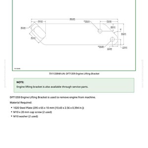 May include: Diagram of a DFT1359 Engine Lifting Bracket, with measurements in inches and millimeters. The bracket is made of a 1020 steel plate, with dimensions of 10.43 x 2.56 x 0.394 inches. The diagram also includes notes on the bracket's use and required materials.