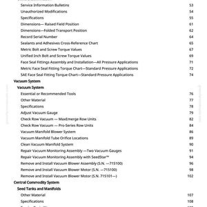 May include: A page from a manual with a table of contents. The headings include Gear Oil, Vacuum System, and Central Commodity System. Page numbers are listed on the right side of the page.