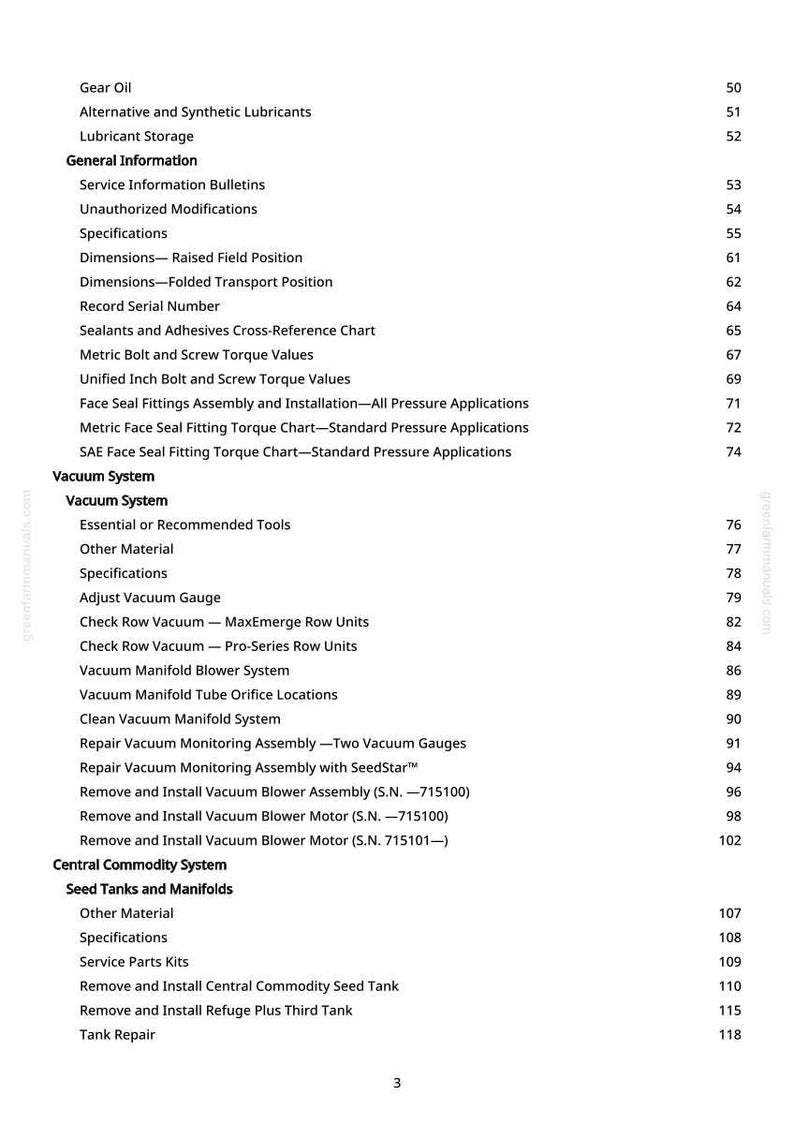May include: A page from a manual with a table of contents. The headings include Gear Oil, Vacuum System, and Central Commodity System. Page numbers are listed on the right side of the page.