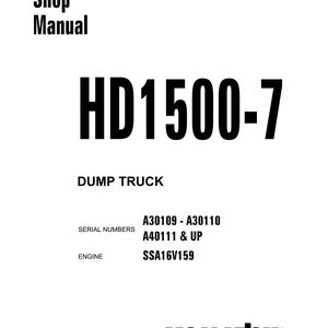 Może przedstawiać: Biała okładka instrukcji warsztatowej z tekstem "Shop Manual" i "HD1500-7". Poniżej napis "DUMP TRUCK" z numerami seryjnymi i szczeg&oacute;łami silnika. Logo Komatsu znajduje się na dole.