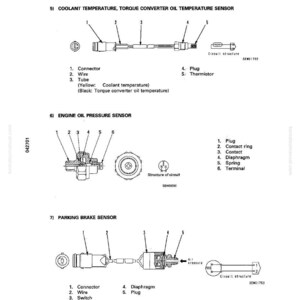 May include: Diagram of a machine monitor system, including coolant temperature, torque converter oil temperature sensor, engine oil pressure sensor, and parking brake sensor. The diagram includes labels for each component, such as connectors, wires, and plugs.