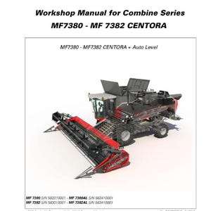 Puede incluir: Una portada de manual de taller para las series de cosechadoras MF7380 y MF7382 Centora. La imagen muestra una ilustraci&oacute;n detallada de la cosechadora en rojo y negro. El texto incluye los n&uacute;meros de modelo y el t&iacute;tulo "Manual de taller".