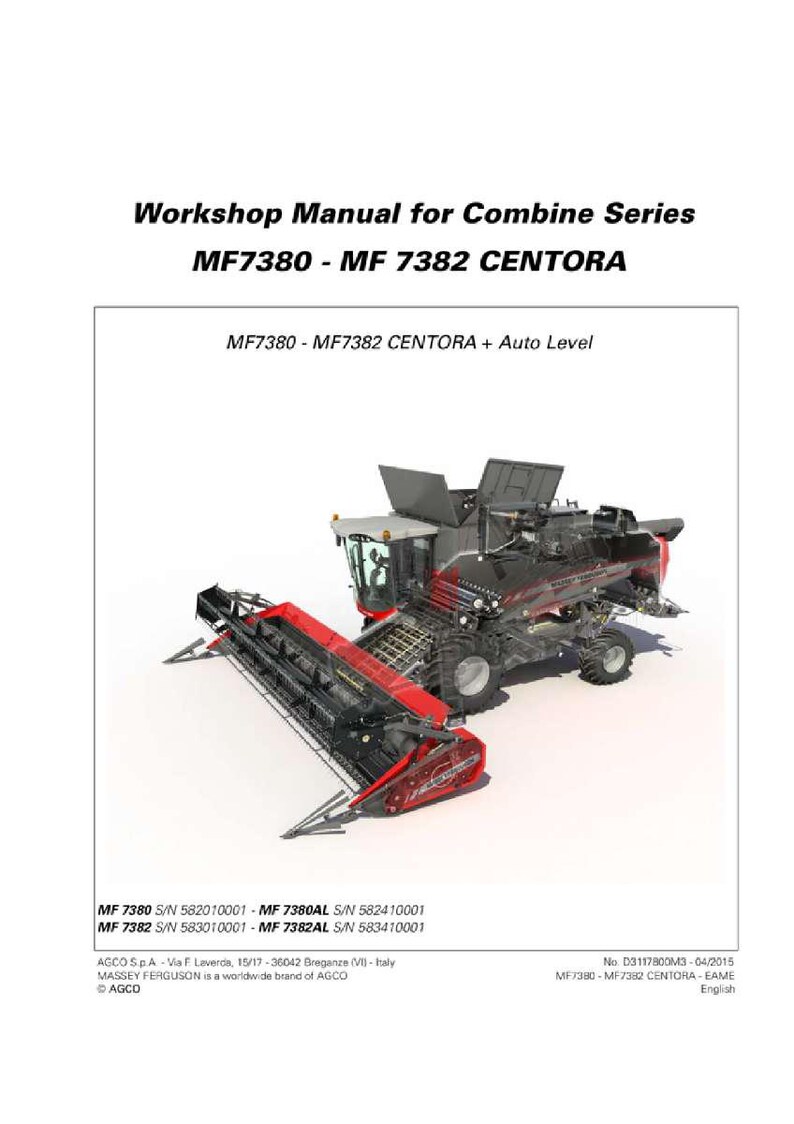 Puede incluir: Una portada de manual de taller para las series de cosechadoras MF7380 y MF7382 Centora. La imagen muestra una ilustraci&oacute;n detallada de la cosechadora en rojo y negro. El texto incluye los n&uacute;meros de modelo y el t&iacute;tulo "Manual de taller".
