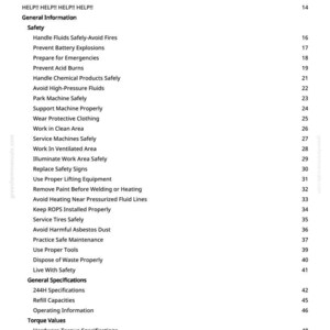 May include: A white page titled "Table of Contents" from a manual. The page lists safety guidelines, general specifications, and torque values. The text includes safety precautions like "Handle Fluids Safely" and "Avoid Harmful Asbestos Dust."