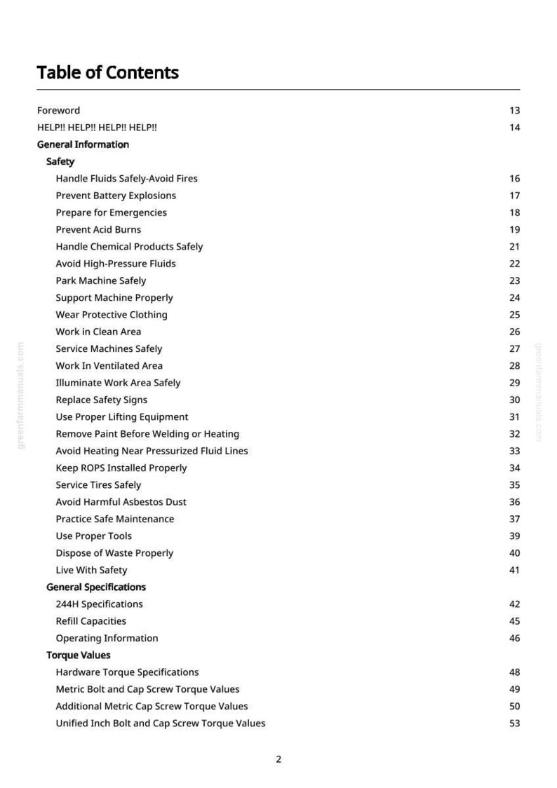 May include: A white page titled "Table of Contents" from a manual. The page lists safety guidelines, general specifications, and torque values. The text includes safety precautions like "Handle Fluids Safely" and "Avoid Harmful Asbestos Dust."