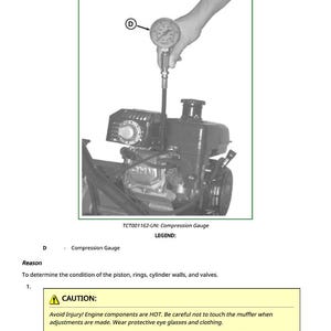 May include: Diagram showing a compression gauge being used to test an engine. The text reads "Test Cylinder Compression Pressure" and includes a caution about hot engine components. The gauge is labeled "Compression Gauge".