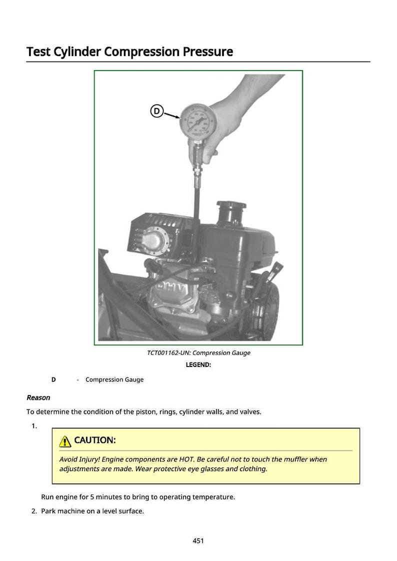 May include: Diagram showing a compression gauge being used to test an engine. The text reads "Test Cylinder Compression Pressure" and includes a caution about hot engine components. The gauge is labeled "Compression Gauge".