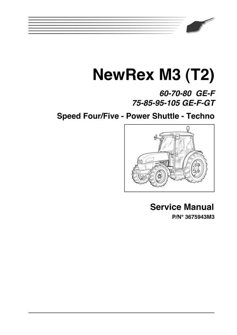 Op de afbeelding: Een servicehandleiding voor de NewRex M3 (T2) tractor. De afbeelding bevat een lijntekening van de tractor, samen met tekst met modelnummers en functies zoals Speed Four/Five en Power Shuttle.