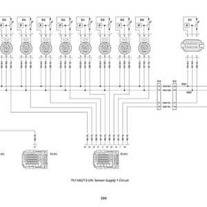 May include: A black and white electrical schematic diagram labelled "TX1166213-UN: Sensor Supply 1 Circuit." The diagram shows various connectors, wires, and symbols, with the number 399 at the bottom.