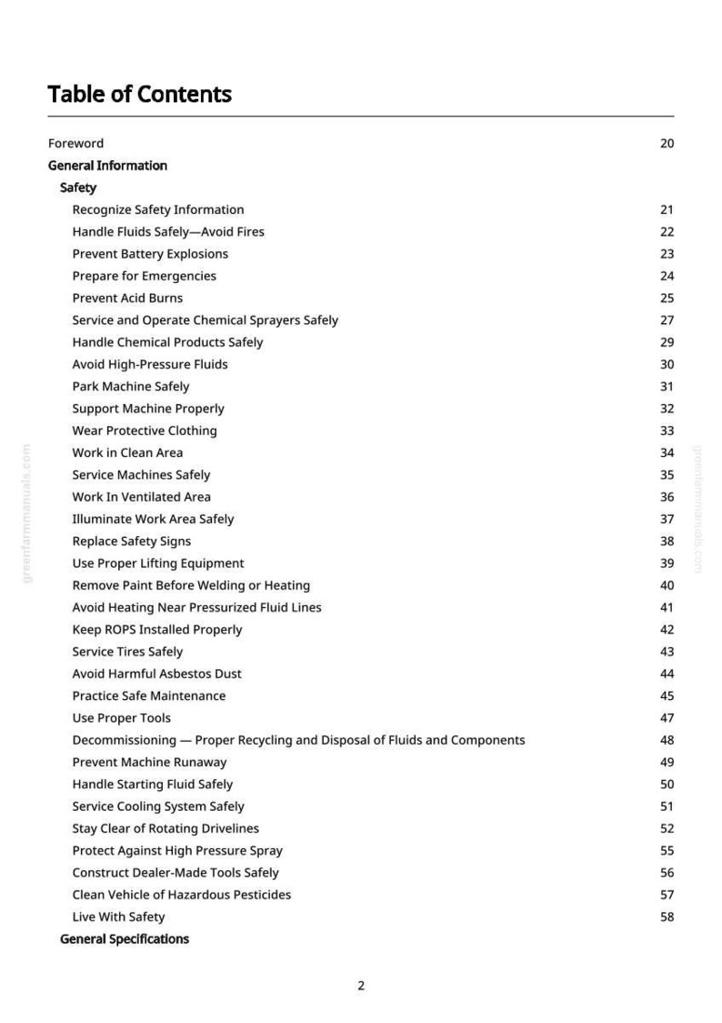 Pode incluir: Uma p&aacute;gina de um manual intitulada "Tabela de Conte&uacute;dos". O texto lista t&oacute;picos de seguran&ccedil;a como "Manusear fluidos com seguran&ccedil;a", "Prevenir explos&otilde;es de bateria" e "Manter o sistema de arrefecimento em seguran&ccedil;a". N&uacute;mero da p&aacute;gina 2.
