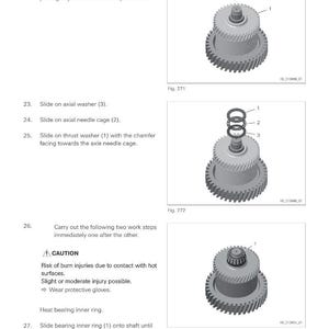 May include: Diagram of mechanical assembly steps, including idler gear, axial washer, and needle cage. The image includes a caution about burn injuries and the text "Assembly".