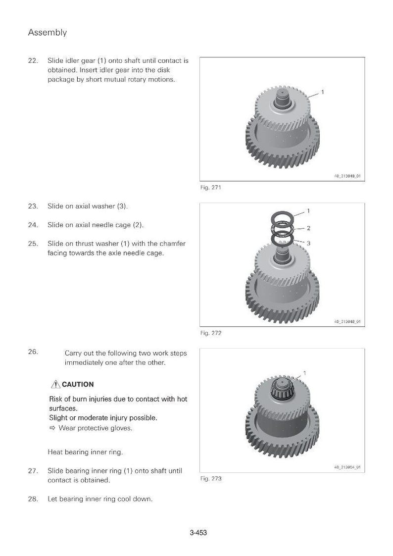May include: Diagram of mechanical assembly steps, including idler gear, axial washer, and needle cage. The image includes a caution about burn injuries and the text "Assembly".