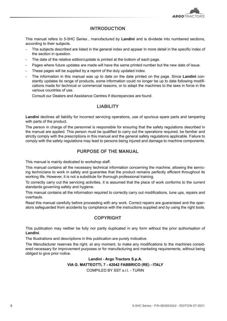 May include: A printed manual with the title "INTRODUCTION" and the Argo Tractors logo. The manual provides information about the 5-5HC Series, liability, and safety regulations. The text includes technical details and copyright information.