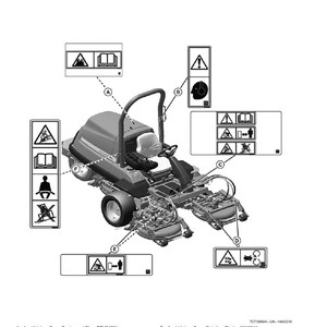 May include: Diagram of a riding lawn mower with safety labels. The labels warn against fire, loud noise, thrown objects, rotating blades, and crushing. The mower is gray and black, with a seat and steering wheel.
