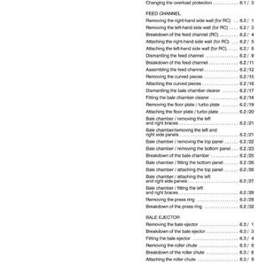May include: A detailed assembly diagram with a white background, featuring a table of contents for various mechanical components. The text includes sections on drawbar, feed channel, bale chamber, and bale ejector.