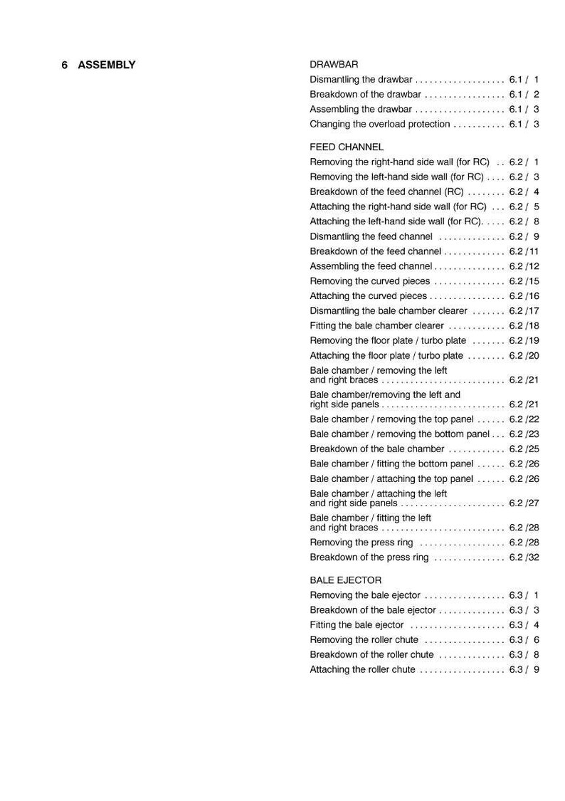 May include: A detailed assembly diagram with a white background, featuring a table of contents for various mechanical components. The text includes sections on drawbar, feed channel, bale chamber, and bale ejector.