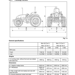 May include: Diagram of a tractor with dimensions and specifications. The image includes side and rear views, labeled with measurements in millimeters and tire sizes. Text includes "Weights and dimensions" and "General specifications."