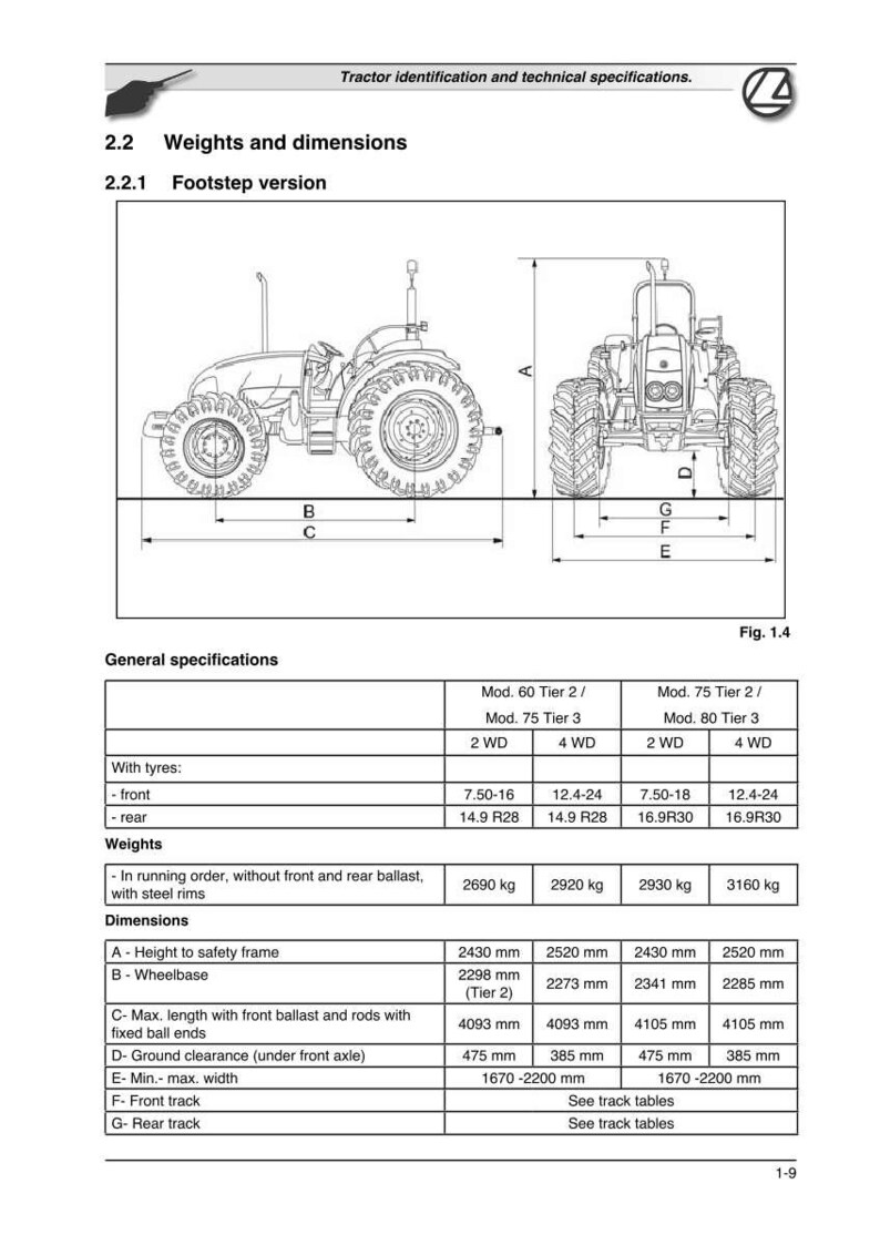 May include: Diagram of a tractor with dimensions and specifications. The image includes side and rear views, labeled with measurements in millimeters and tire sizes. Text includes "Weights and dimensions" and "General specifications."