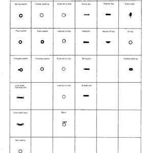 May include: Diagram of various mechanical components, including washers, cir-clips, pins, keys, and other parts. Each component is labeled with its name, such as "Spring washer" and "Cotter pin". The diagram is in black and white.
