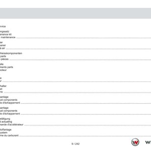 May include: A white and gray document page with a table of contents in German, English, and French. The document lists service, engine components, and fuel system parts. The Weidemann logo is at the bottom.