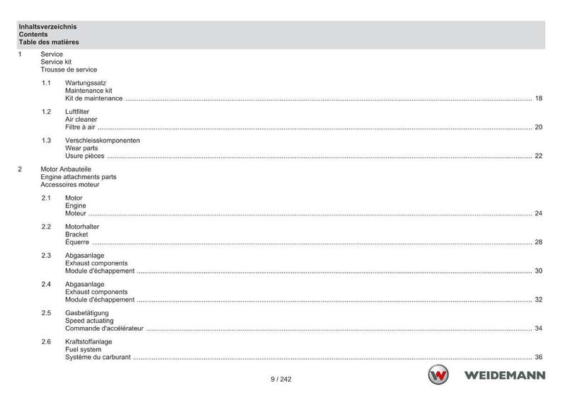 May include: A white and gray document page with a table of contents in German, English, and French. The document lists service, engine components, and fuel system parts. The Weidemann logo is at the bottom.