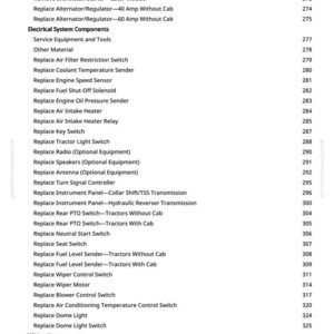 May include: A printed page from greenfarmmanuals.com, detailing tractor repair procedures. The text lists electrical system components, wiring harness information, and part replacement instructions.