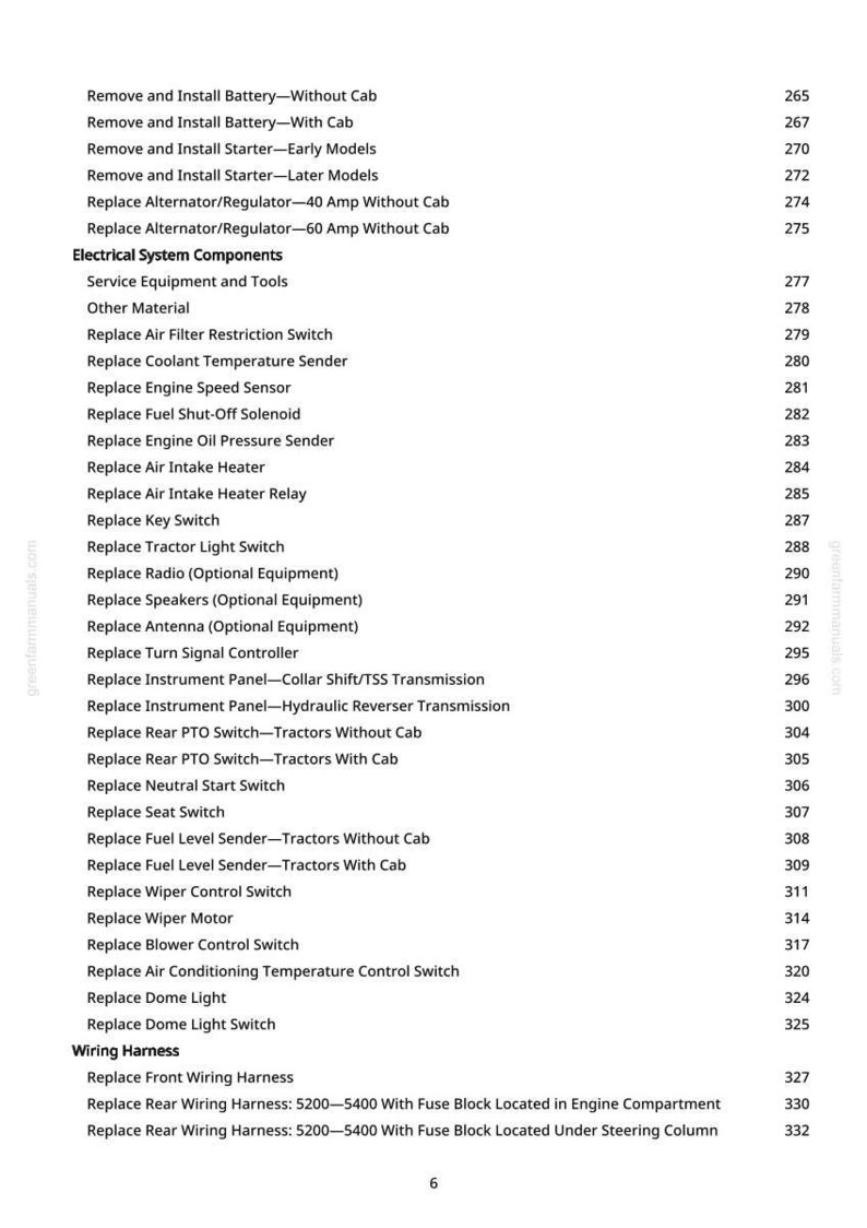 May include: A printed page from greenfarmmanuals.com, detailing tractor repair procedures. The text lists electrical system components, wiring harness information, and part replacement instructions.